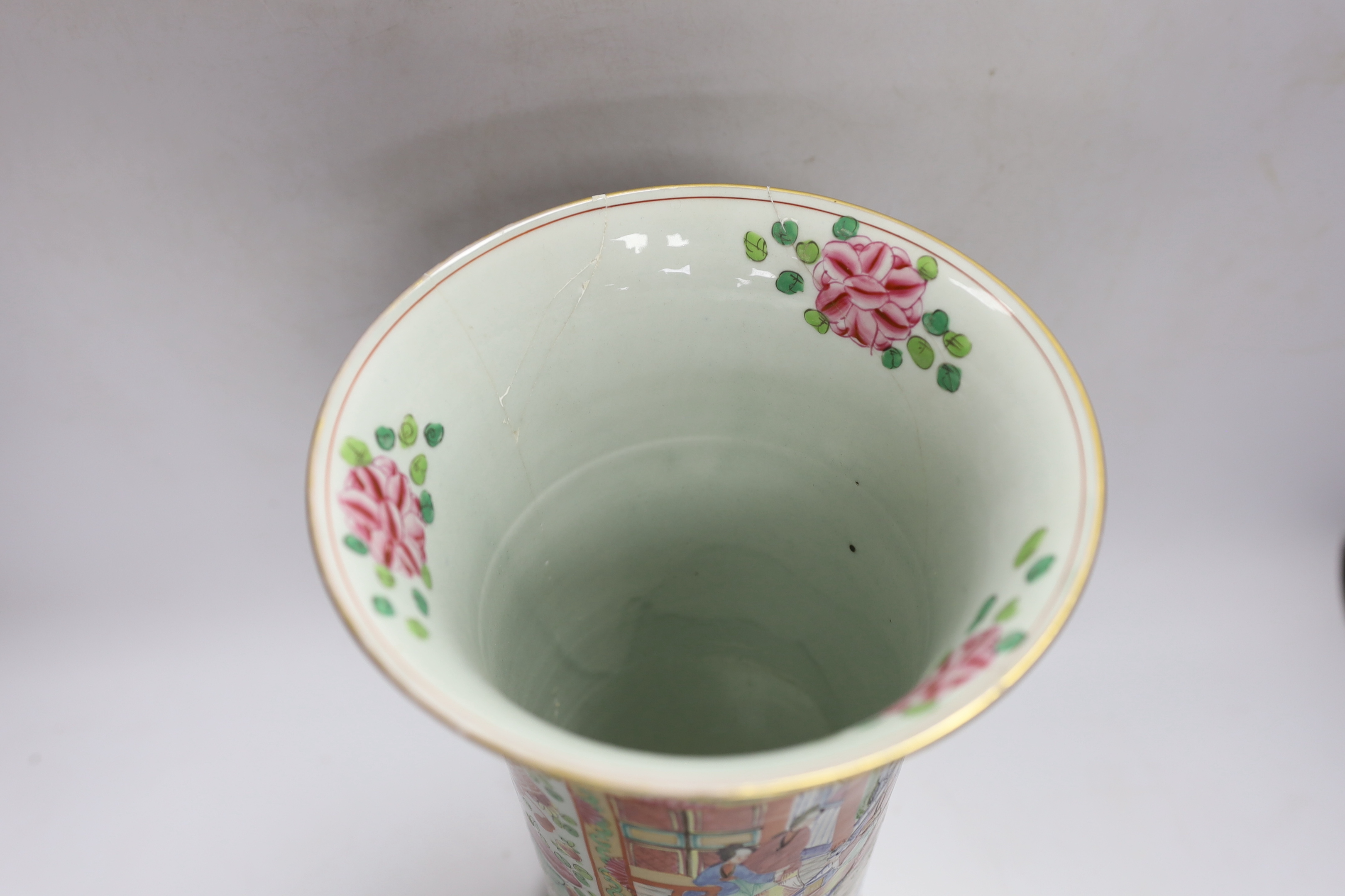 A Chinese Canton decorated famille rose trumpet vase, 33cm high (a.f.)